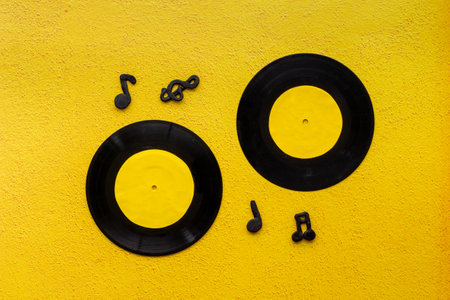 Vinyl records music background, top viewの写真素材