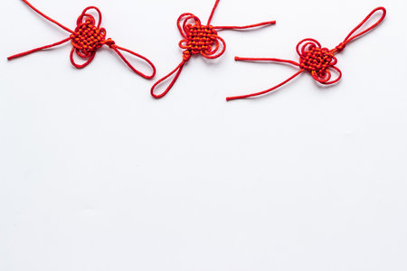 Chinese red knots for good luck, top viewの写真素材