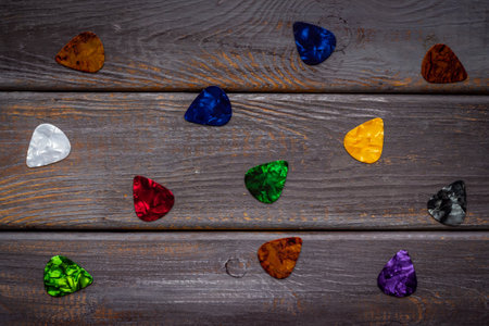 Guitar picks pattern. top view. Music backgroundの写真素材