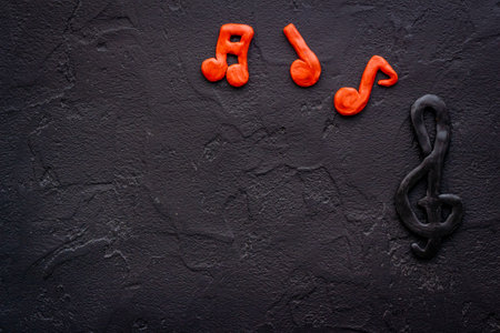 Top view of music notes made of rubber. Music abstract backgroundの写真素材
