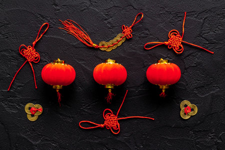 Top view of Chinese or lunar new year festival decorations with red lanterns