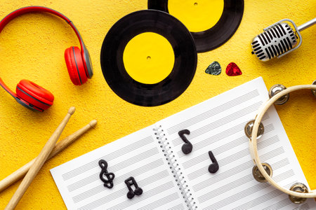 Music flat lay - instruments with vinyl records, overhead viewの写真素材