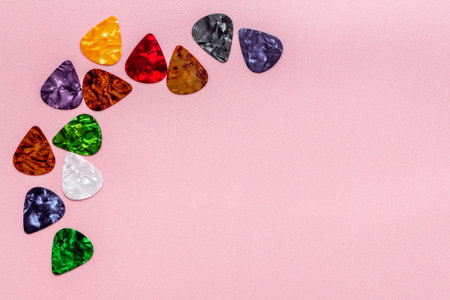Flay lay of guitar picks, space for text. Top viewの写真素材