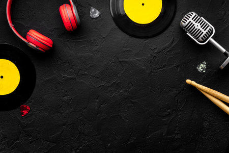 Music flat lay - instruments with vinyl records, overhead viewの写真素材