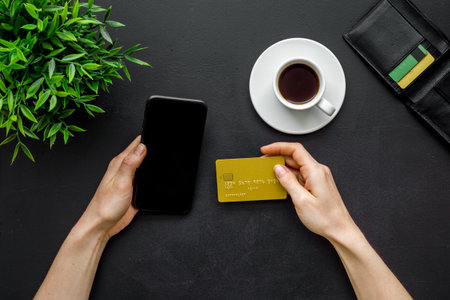 Woman using mobile smart phone for online shopping payment or bankingの写真素材