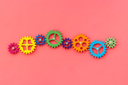 Top view of colorful gears. Corporate work and modern business process conceptの写真素材