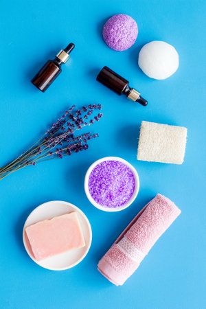 Aromatherapy wellness background with lavender cosmeticsの写真素材