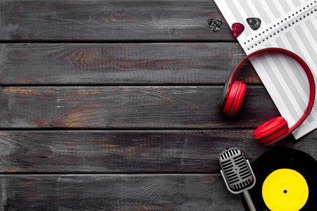 Flat lay of music background - instrument with sheet music, top viewの写真素材