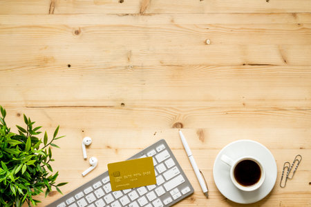 Online banking. Secure Payment notification on computer with credit cards, top view