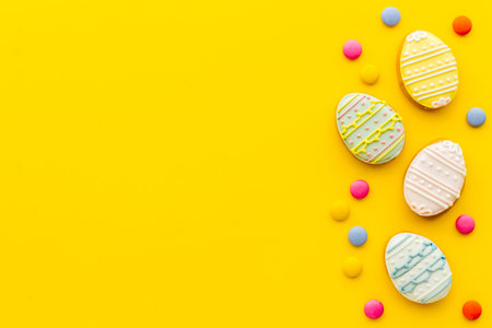 Top view of Easter cookies eggs and sweets. Space for text