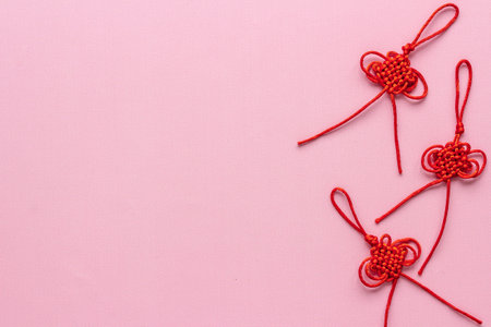 Chinese red knots for good luck, top viewの写真素材