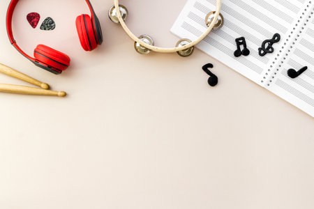 Flat lay musician concept - instrument with sheet music, top viewの写真素材