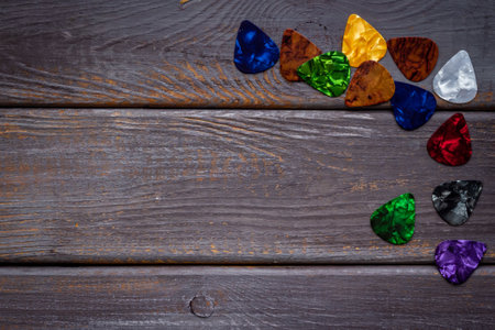 Flay lay of guitar picks, space for text. Top viewの写真素材