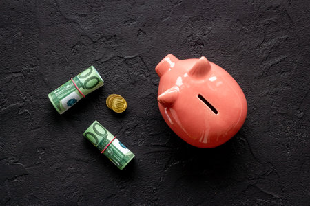 Piggy bank with money, top viewの写真素材