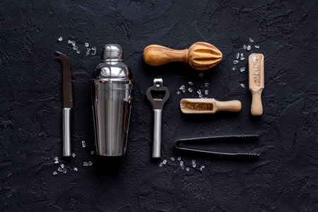 Top view of bar accessories with a cocktail shakerの写真素材