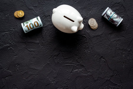Top view of piggy bank with money coins. Savings conceptの写真素材