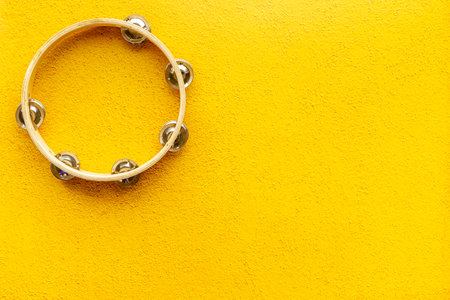 Percussion instrument tambourine, top view. Music backgroundの写真素材