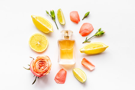 Perfume bottle with flowers and fruits, top viewの写真素材