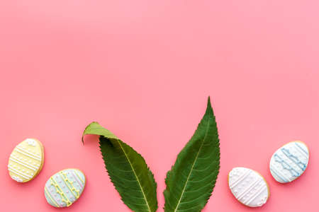 Easter bunny ears made of plant leaves, top viewの写真素材