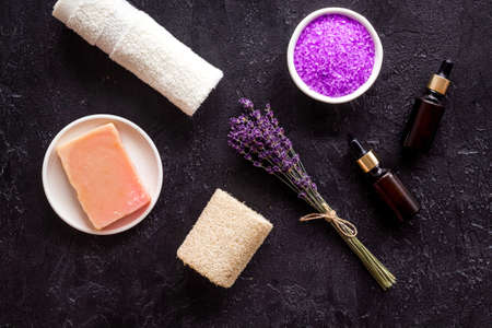 Set lavender cosmetic pharmacy products with essential oil and sea saltの写真素材