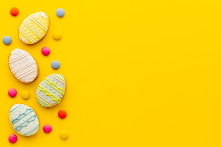 Easter homemade cookies eggs and sweets. Space for text