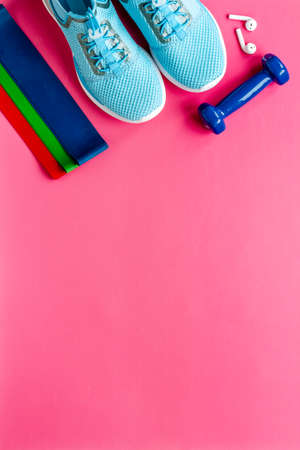 Fitness accessories top view. Sport and gym equipmentの写真素材