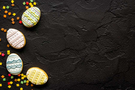 Easter homemade cookies eggs and sweets. Space for textの写真素材