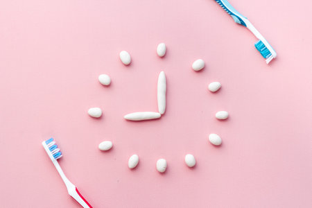 Teeth hygiene concept. Toothbrushes with toothpaste, top viewの写真素材