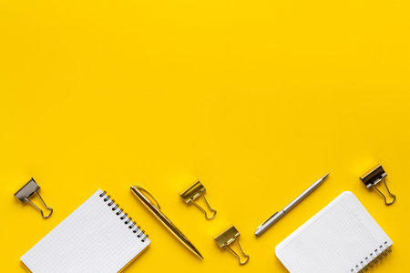 Layout of office supplies and stationery, top view