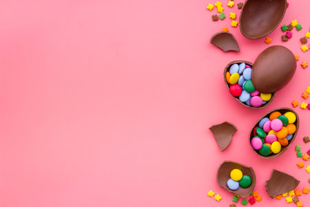Happy Easter with chocolate eggs and sweets, top view