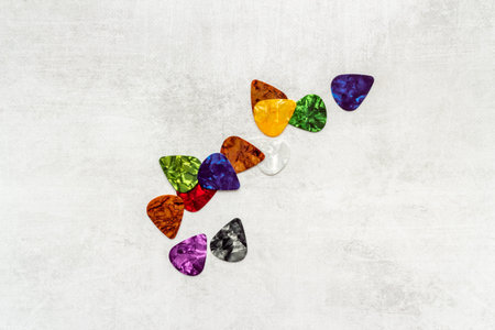 Overhead view of of guitar picks. Music background