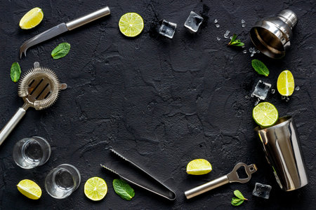 Frame of bar utensils and tools for Mojito cocktail - shaker, lime and ice