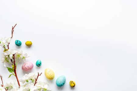 Easter eggs and spring flowers, top viewの写真素材