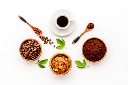 Top view of diffetent varieties of coffee beans with hot drink, top view