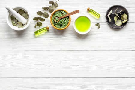 Layout of natural spa cosmetic products with eucalyptus. Top viewの写真素材