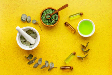 Herbal medicine and pharmacy. Eucalyptus essential oil, top viewの写真素材