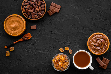 Cup of hot chocolate with coffee and cocoa beans, top viewの写真素材