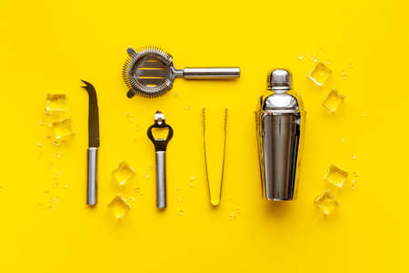 Top view of bar accessories with a cocktail shakerの写真素材