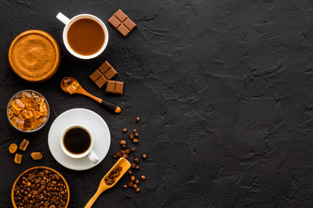 Coffee chocolate and cocoa set - beans with powder and hot drink, top view