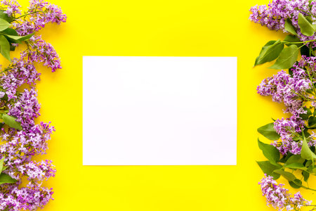 Spring purple lilac flowers. Fla lay, mock upの写真素材