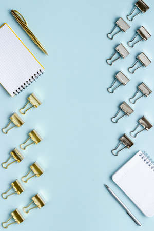 Office desk with supplies and stationery, top viewの写真素材