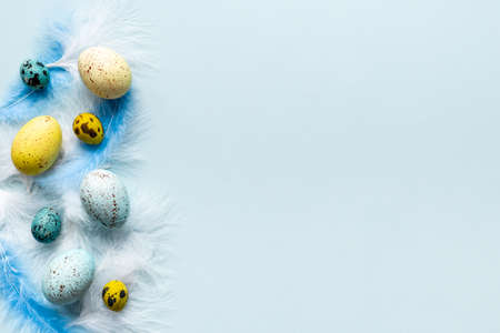 Flat lay of colorful Easter eggs and birds feather, top viewの写真素材
