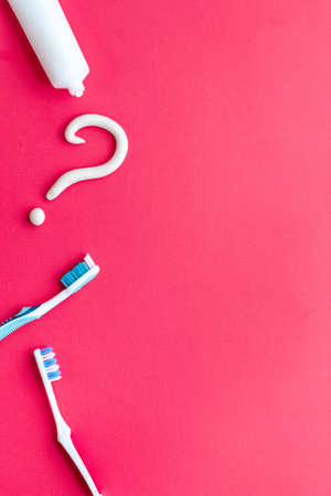 Teeth hygiene concept. Toothbrushes with toothpaste, top viewの写真素材