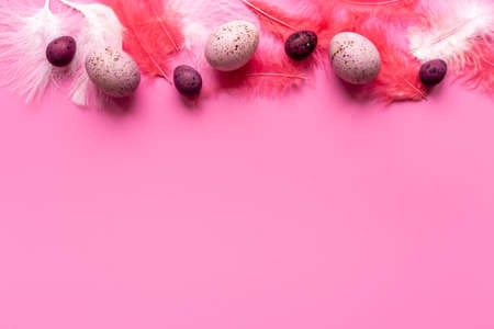Easter eggs with birds feather. Decoration concept, top viewの写真素材
