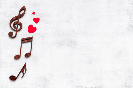 Love songs - musical wooden notes with heart, top view