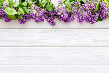 Flat lay composition of spring flowers - branches of lilac top viewの写真素材