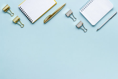 Layout of office supplies and stationery, top view