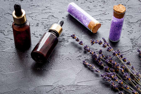 Set lavender cosmetic pharmacy products with essential oil and sea saltの写真素材