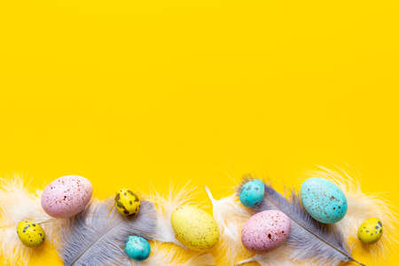 Flat lay of colorful Easter eggs and birds feather, top viewの写真素材