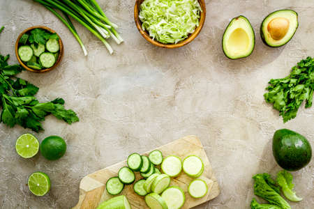 Raw vegetables diet. Green vegetables and fruits - ready to eatの写真素材